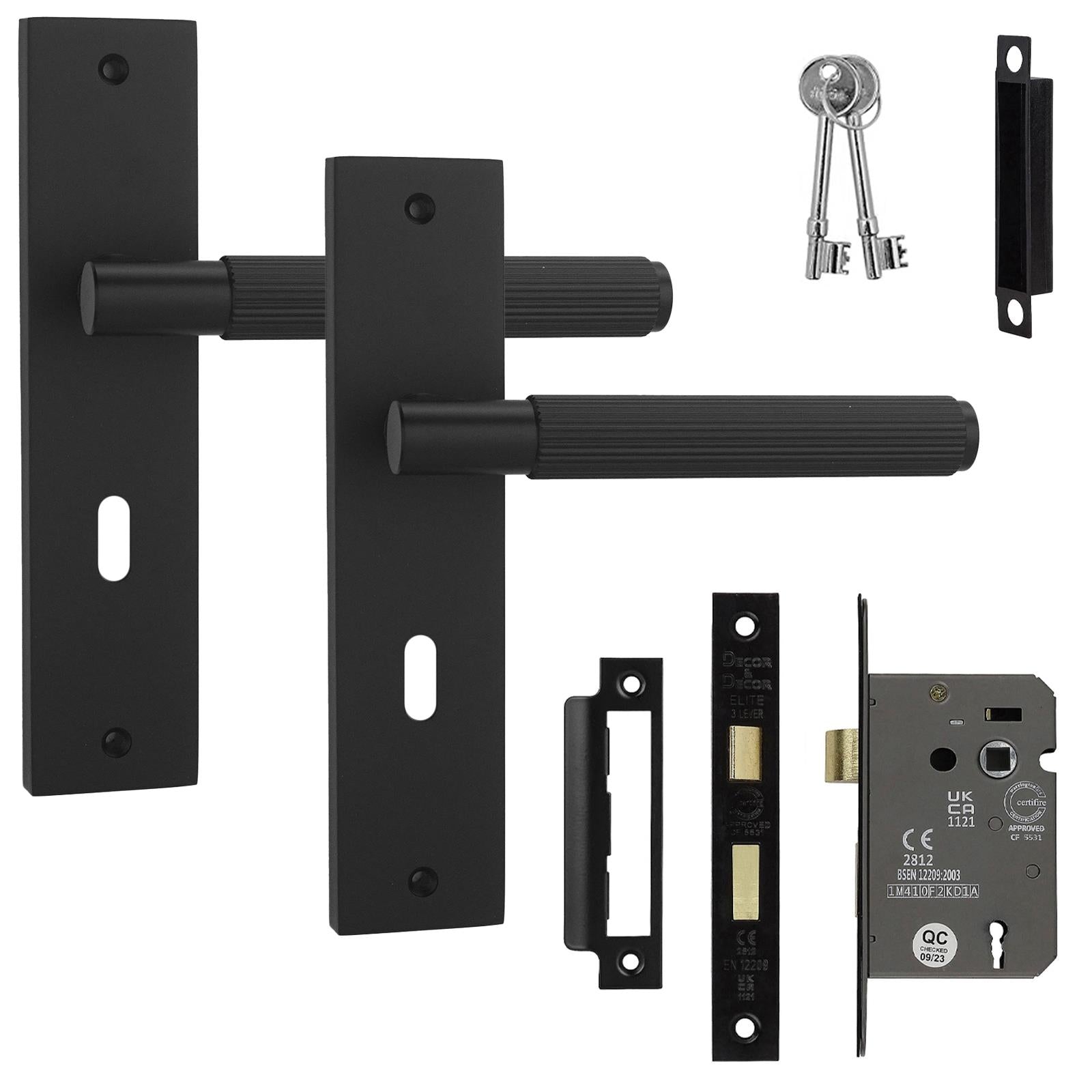Hera Matt Black Privacy Door Handles on Backplate with Keys - Sash Lock Kit Set