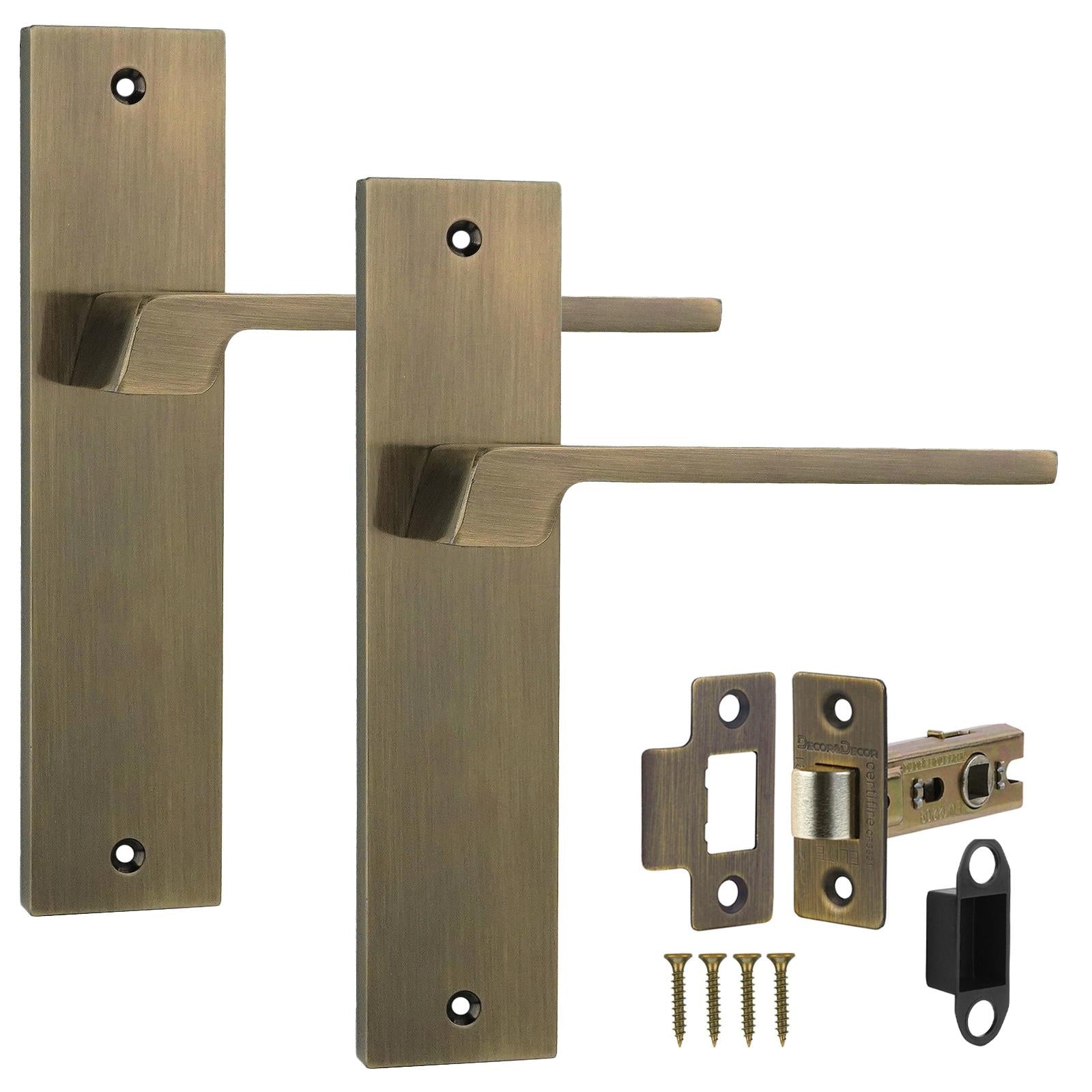 Spectra Antique Brass Passage Door Handles on Backplate - Latch Kit Set