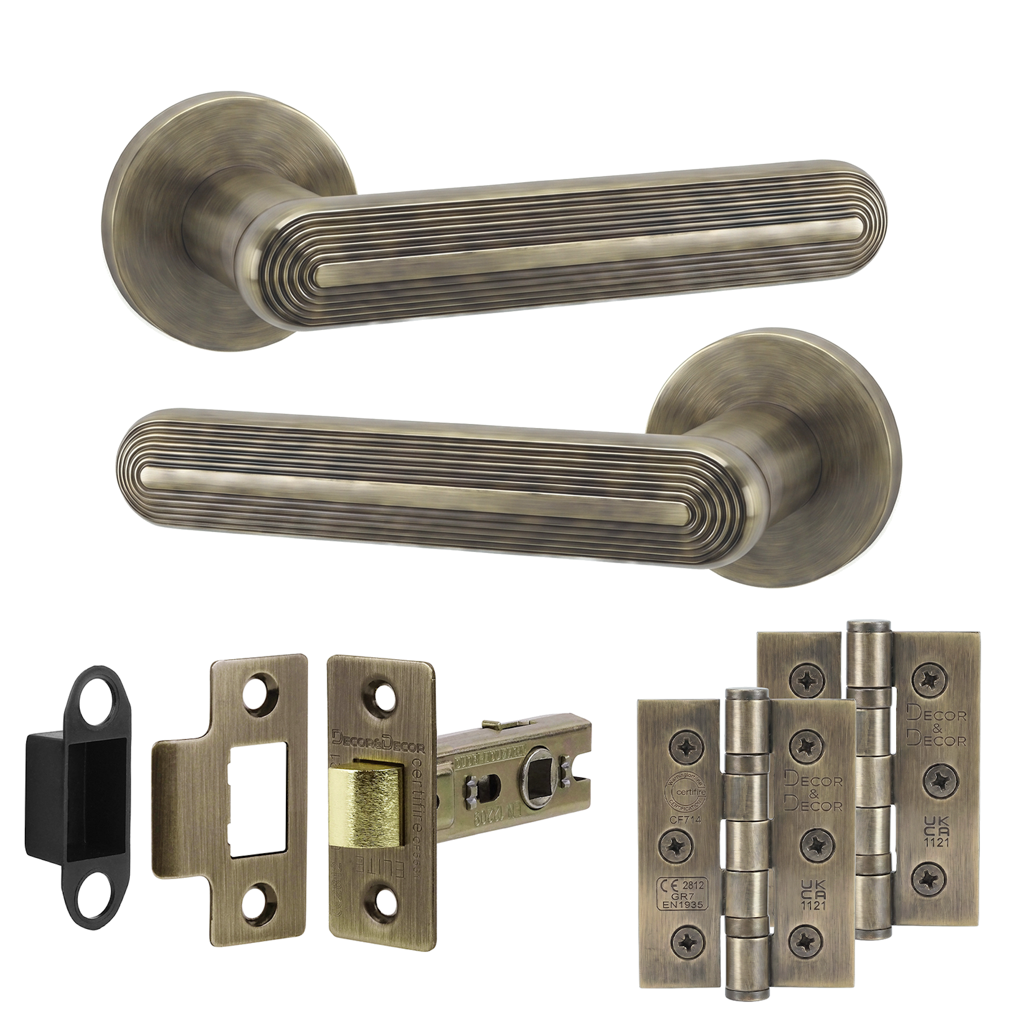 Marin Antique Brass Passage Door Lever Handles - Latch And Hinge Set - Decor And Decor