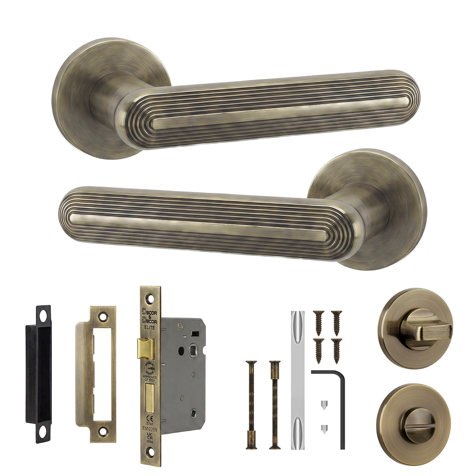 Marin Antique Brass Bathroom Door Lever Handles - Bathroom Kit Set - Decor And Decor