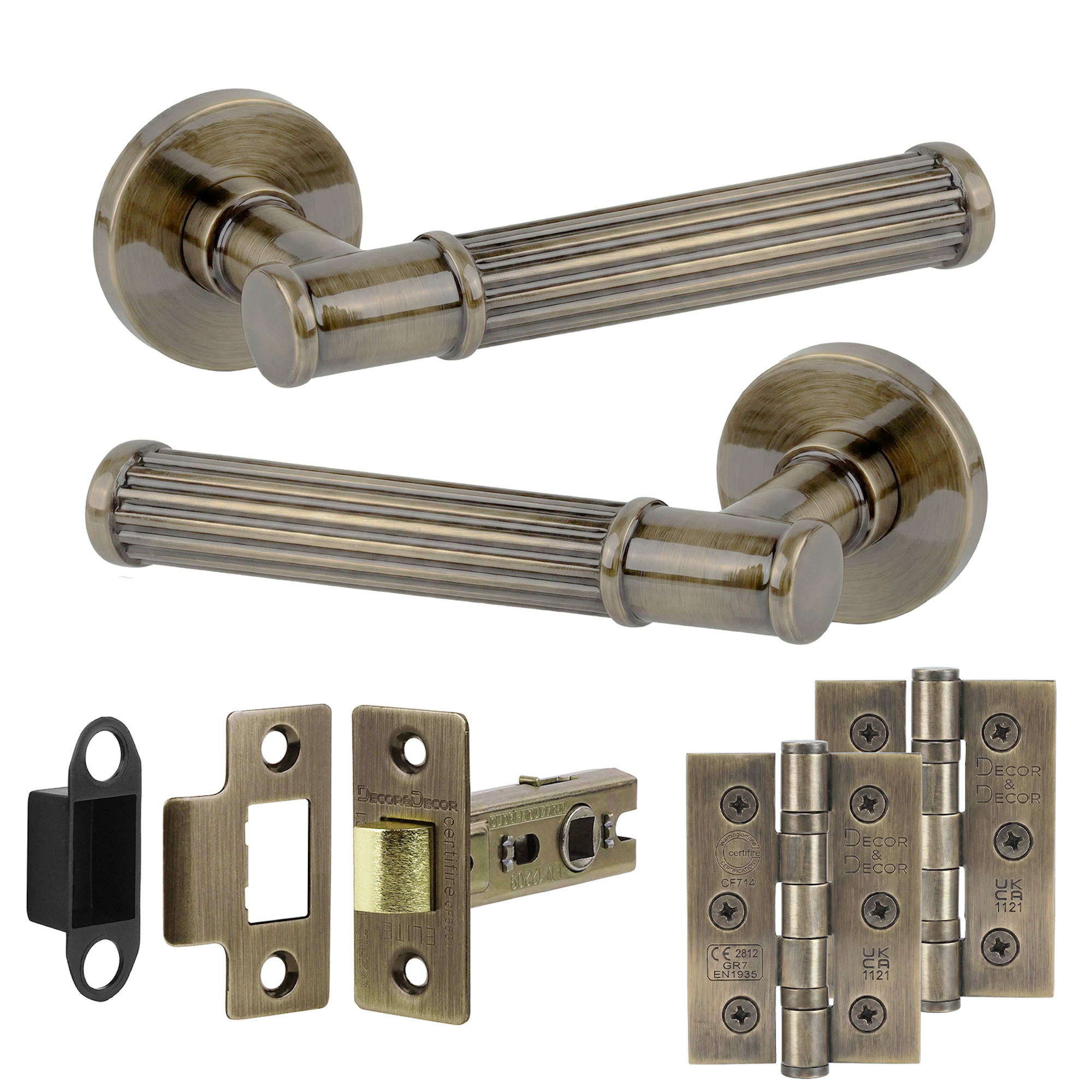 Leto Antique Brass Passage Door Lever Handles - Latch And Hinge Set - Decor And Decor