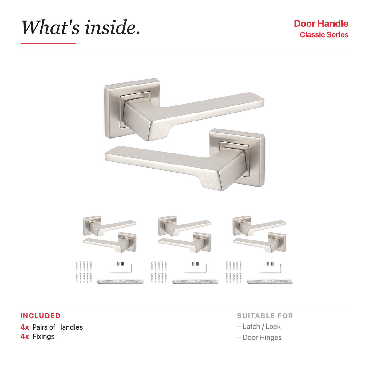 Spectra Satin Nickel Door Lever Handles – showing what's included in the box