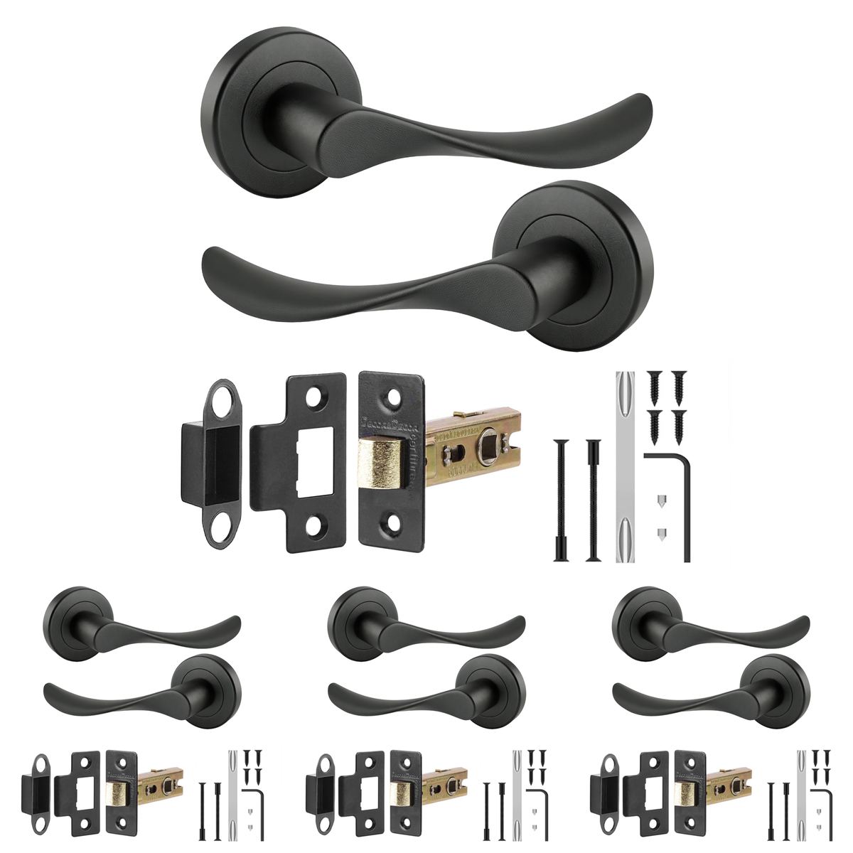 Nimbus Matt Black Passage Door Lever Handles - Latch Kit 76mm - Pack of 4