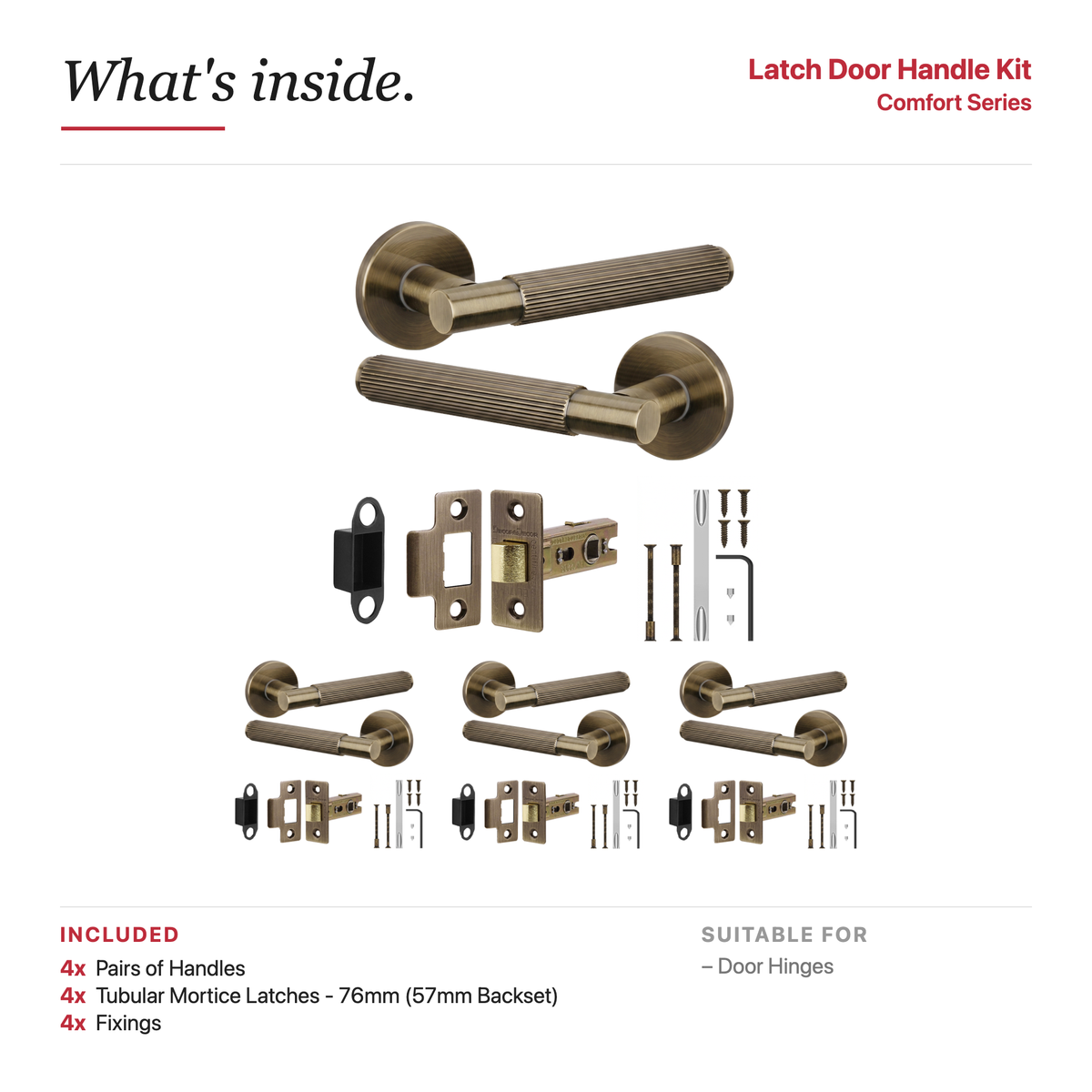 Hera Antique Brass Passage Door Lever Handles – showing what's included in the box