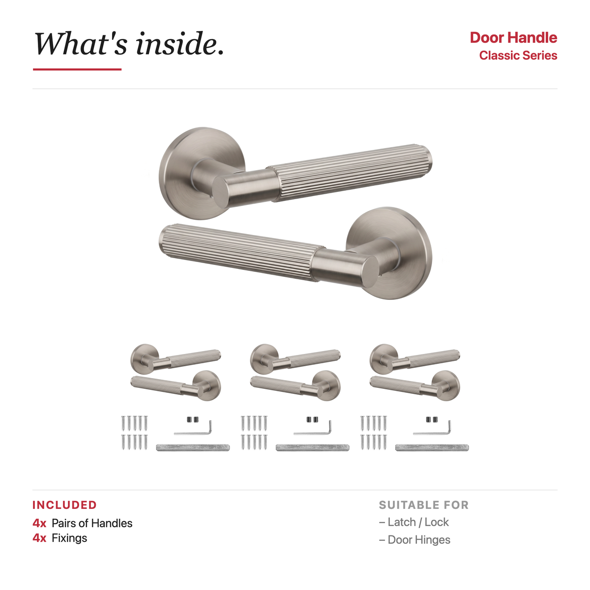 Hera Satin Nickel Door Lever Handles – showing what's included in the box