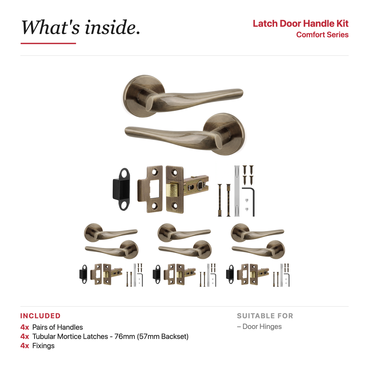 Nanda Antique Brass Passage Door Lever Handles – showing what's included in the box