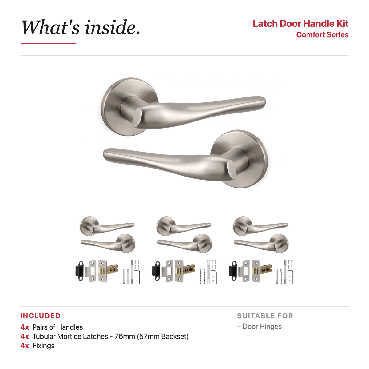 Nanda Satin Nickel Passage Door Lever Handles – showing what's included in the box