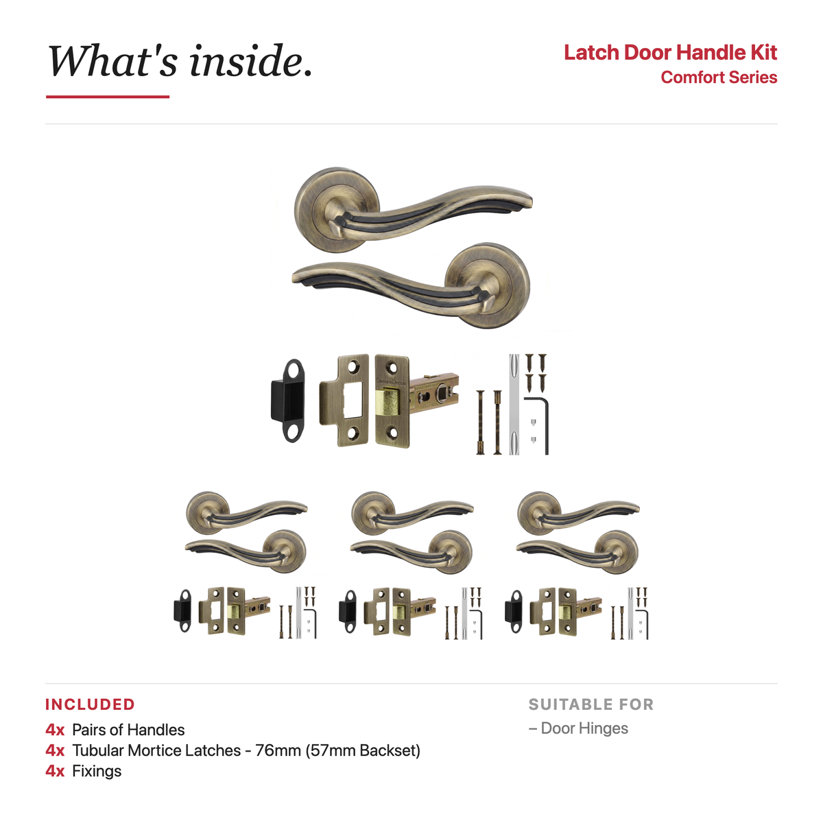 Solace Antique Brass Passage Door Lever Handles – showing what's included in the box