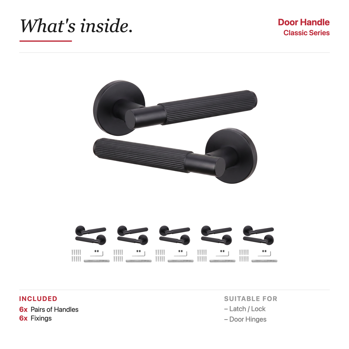 Hera Matt Black Door Lever Handles – showing what's included in the box
