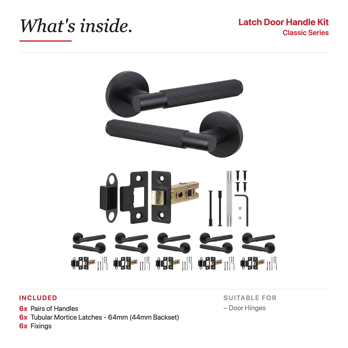 Hera Matt Black Passage Door Lever Handles – showing what's included in the box