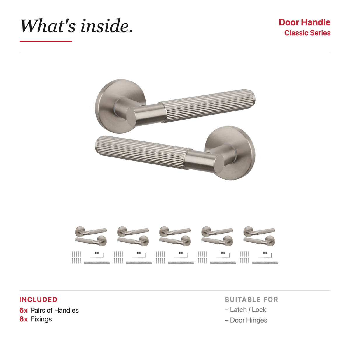 Hera Satin Nickel Door Lever Handles – showing what's included in the box