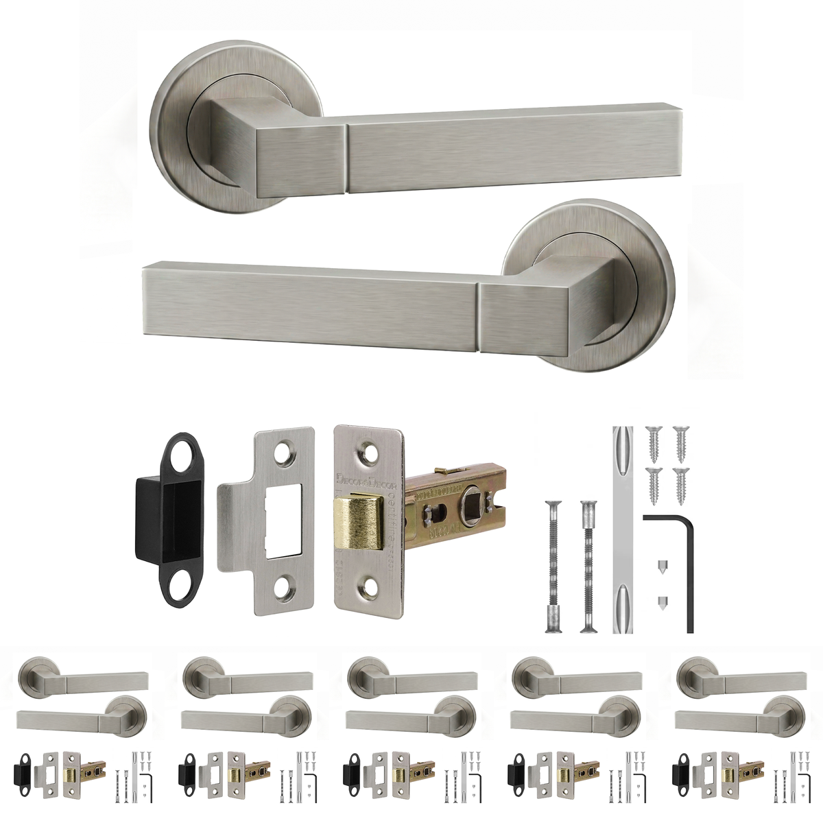 Lumina Satin Nickel Passage Door Lever Handles - Latch Kit 64mm - Pack of 6