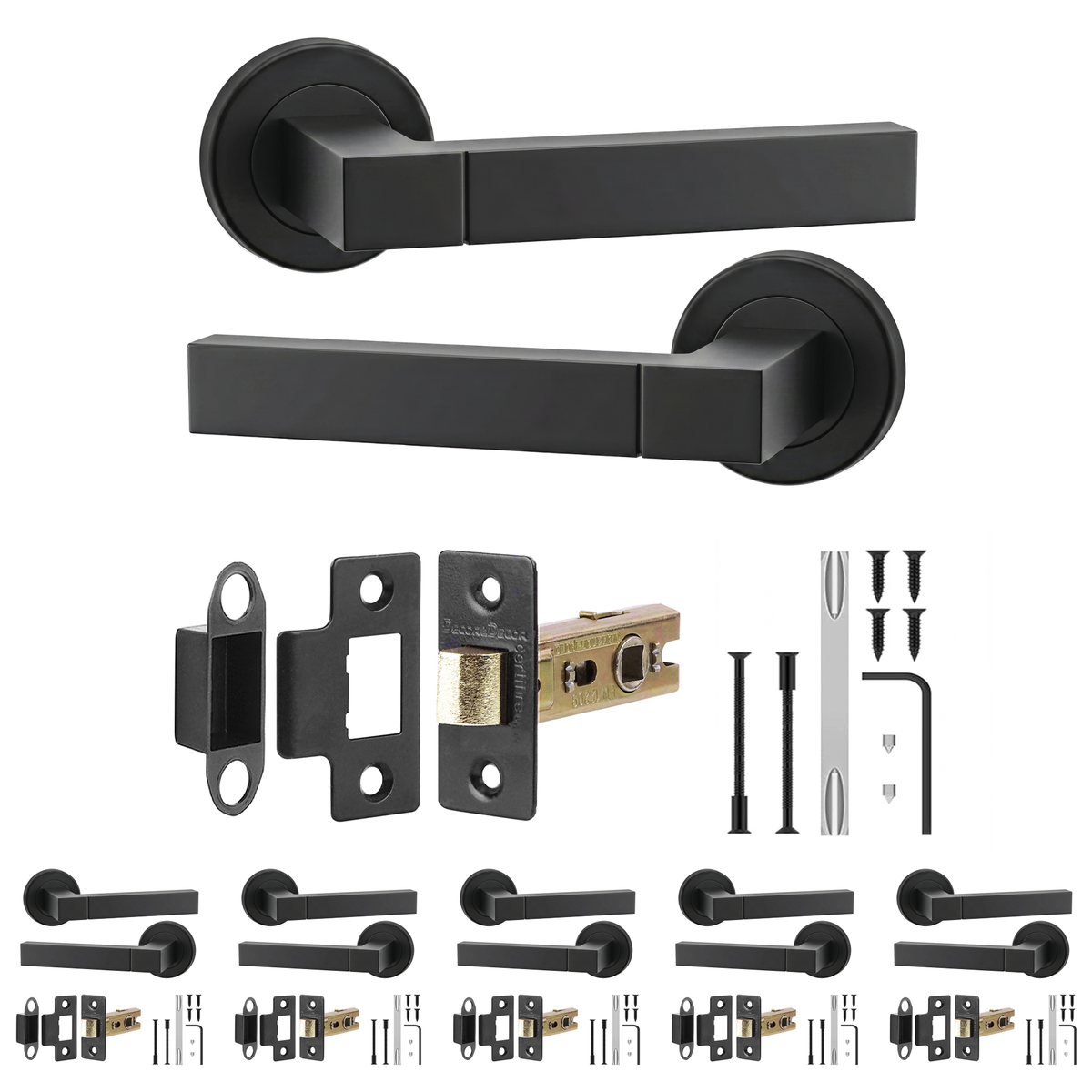 Lumina Matt Black Passage Door Lever Handles - Latch Kit 76mm - Pack of 6