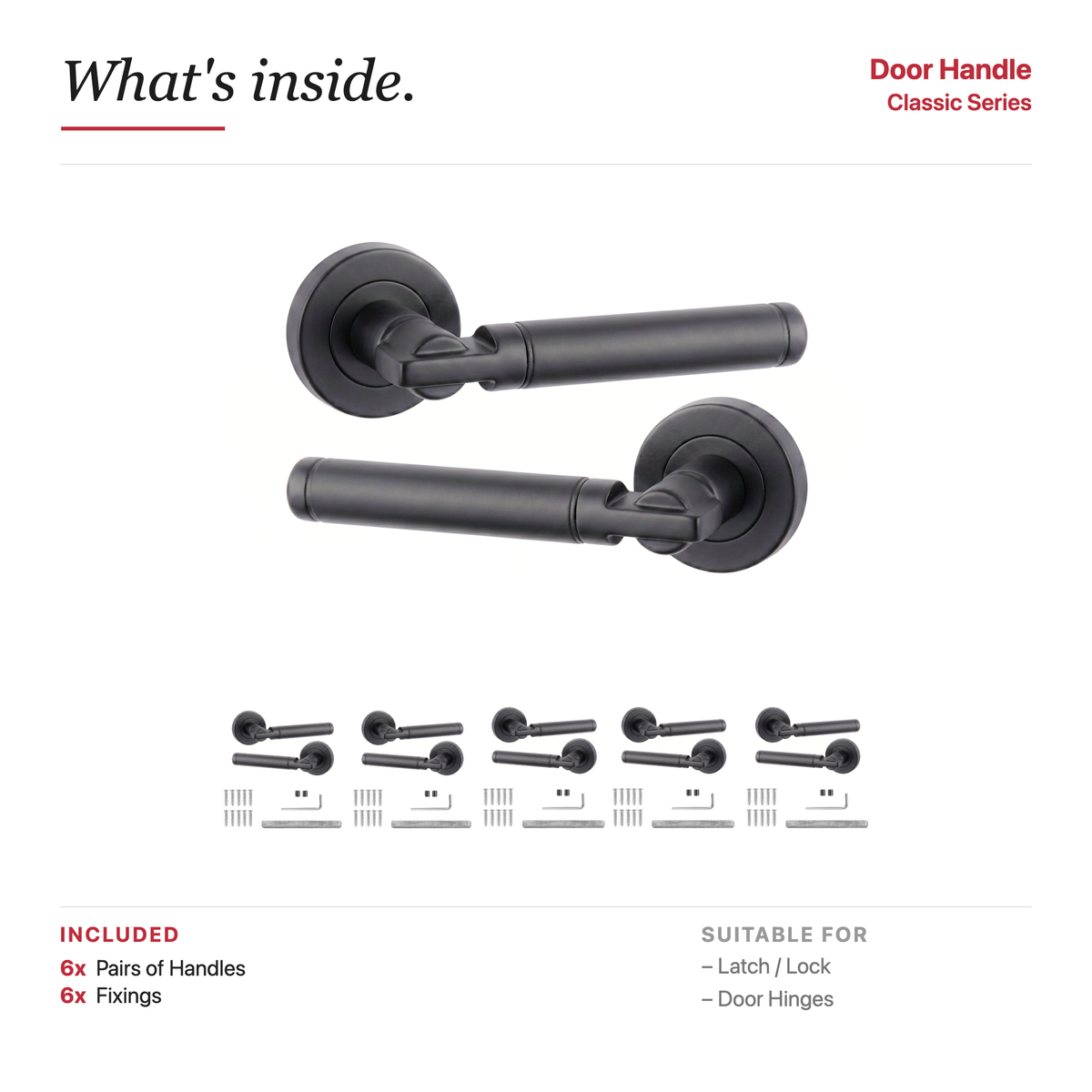 Enigma Matt Black Door Lever Handles – showing what's included in the box