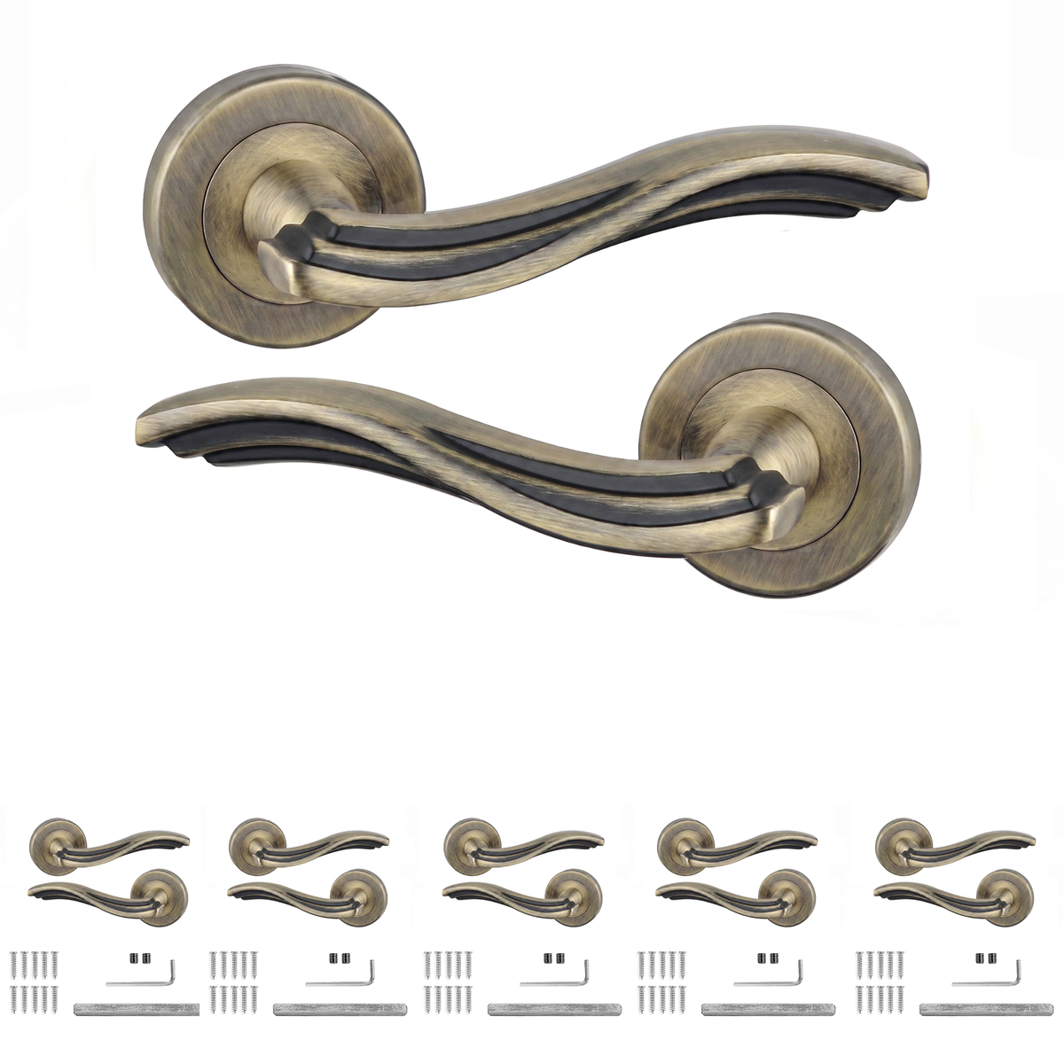 Solace Antique Brass Door Lever Handles - Pack of 6 Pairs