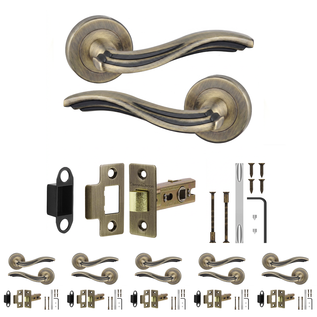 Solace Antique Brass Passage Door Lever Handles - Latch Kit 76mm - Pack of 6