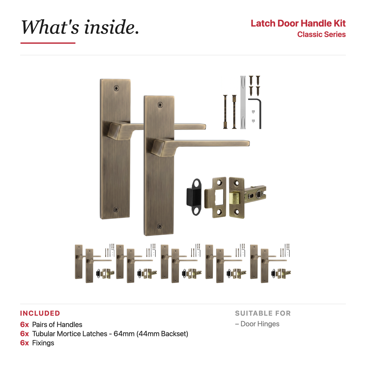 Spectra Antique Brass Passage Door Lever Handles on Backplate – showing what's included in the box