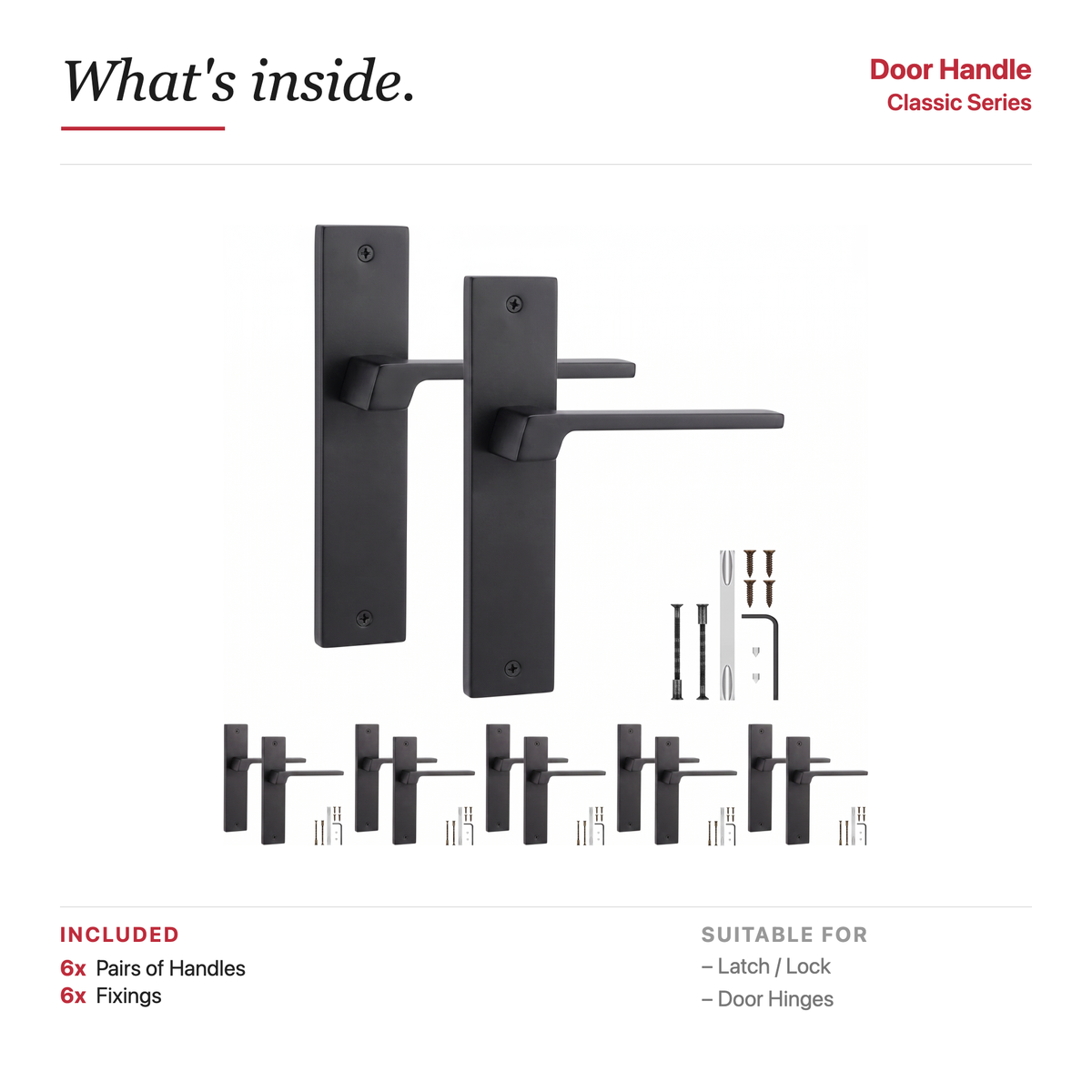 Spectra Matt Black Door Lever Handles on Backplate – showing what's included in the box