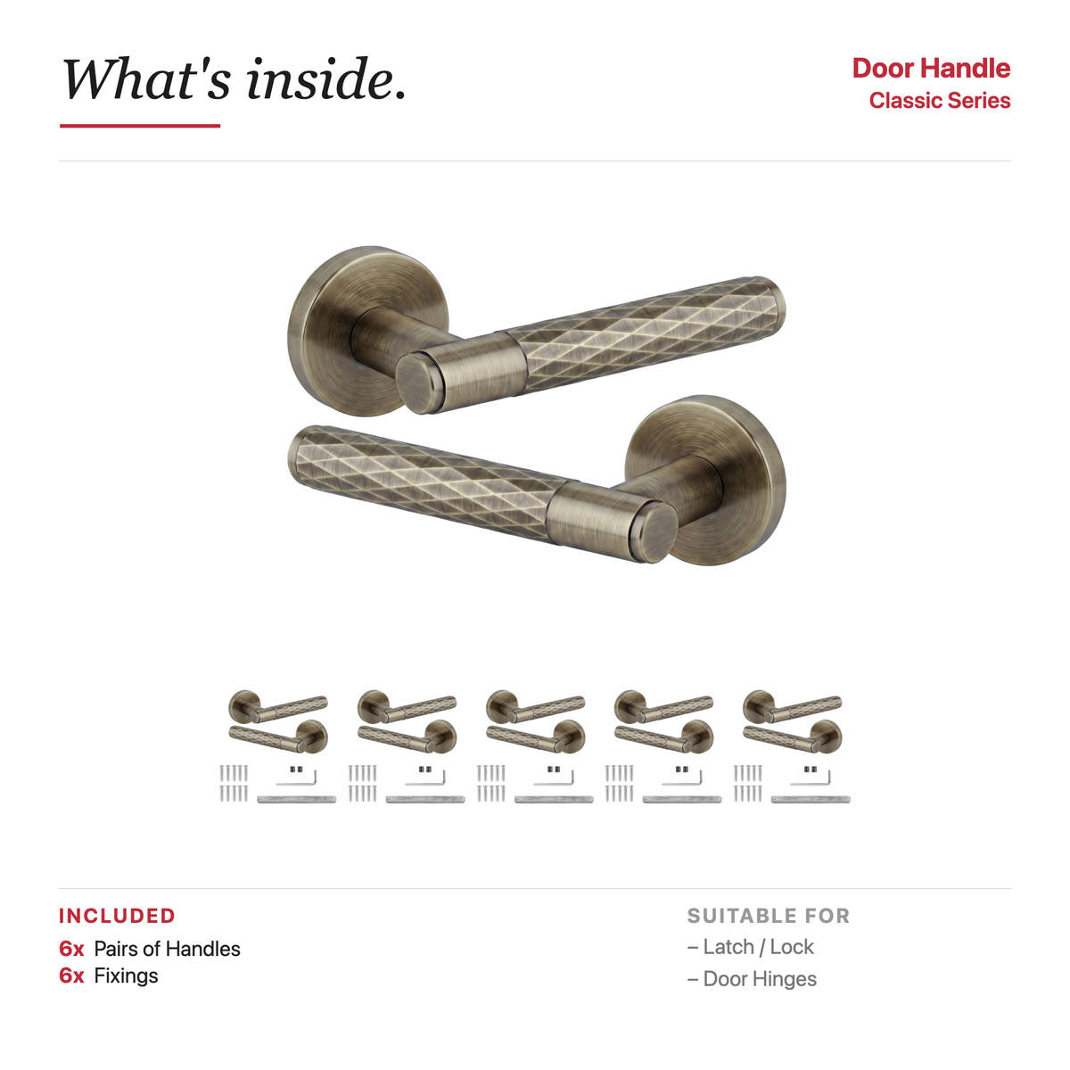 Tore Antique Brass Door Lever Handles – showing what's included in the box