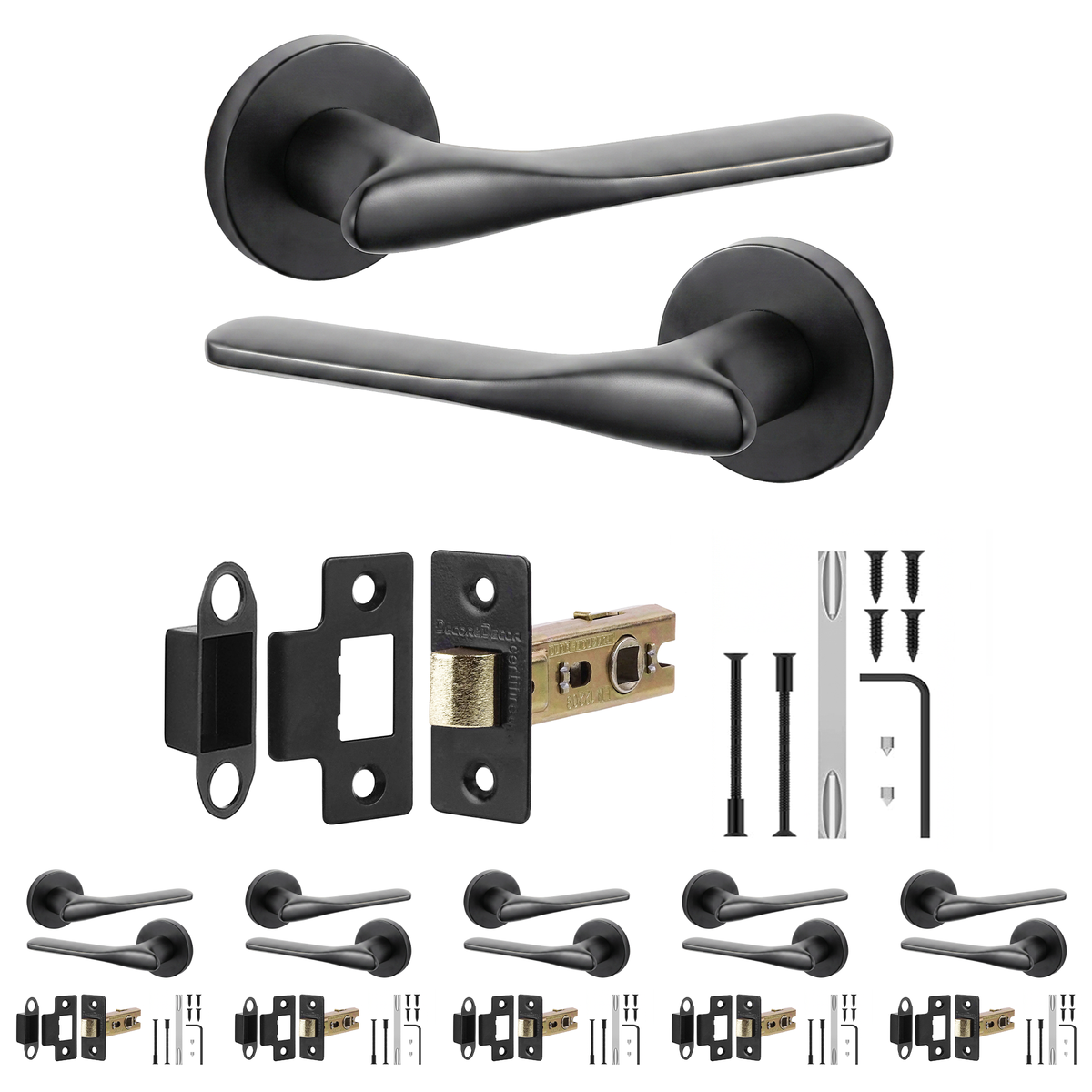 Verita Matt Black Passage Door Lever Handles - Latch Kit 64mm - Pack of 6