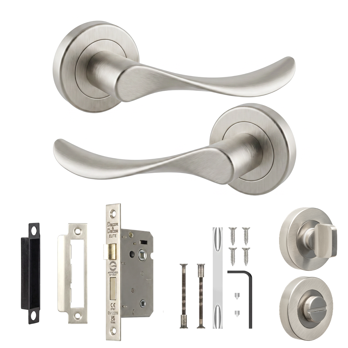 Nimbus Satin Nickel Bathroom Door Lever Handles - Bathroom Kit 76mm