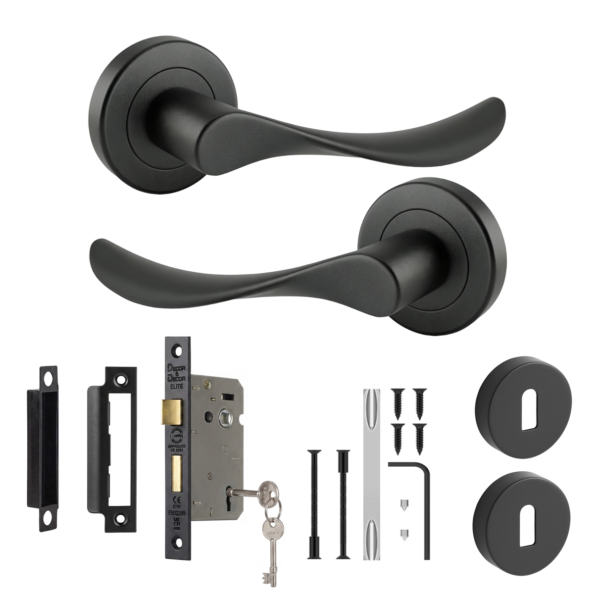 Nimbus Matt Black Privacy Door Lever Handles - Sash Lock Kit 76mm