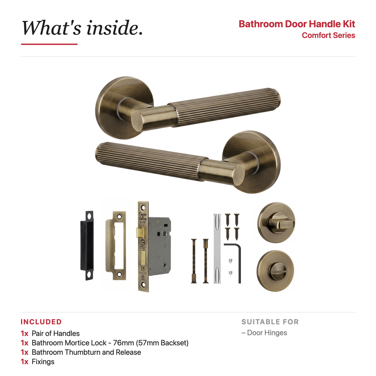 Hera Antique Brass Bathroom Door Lever Handles – showing what's included in the box