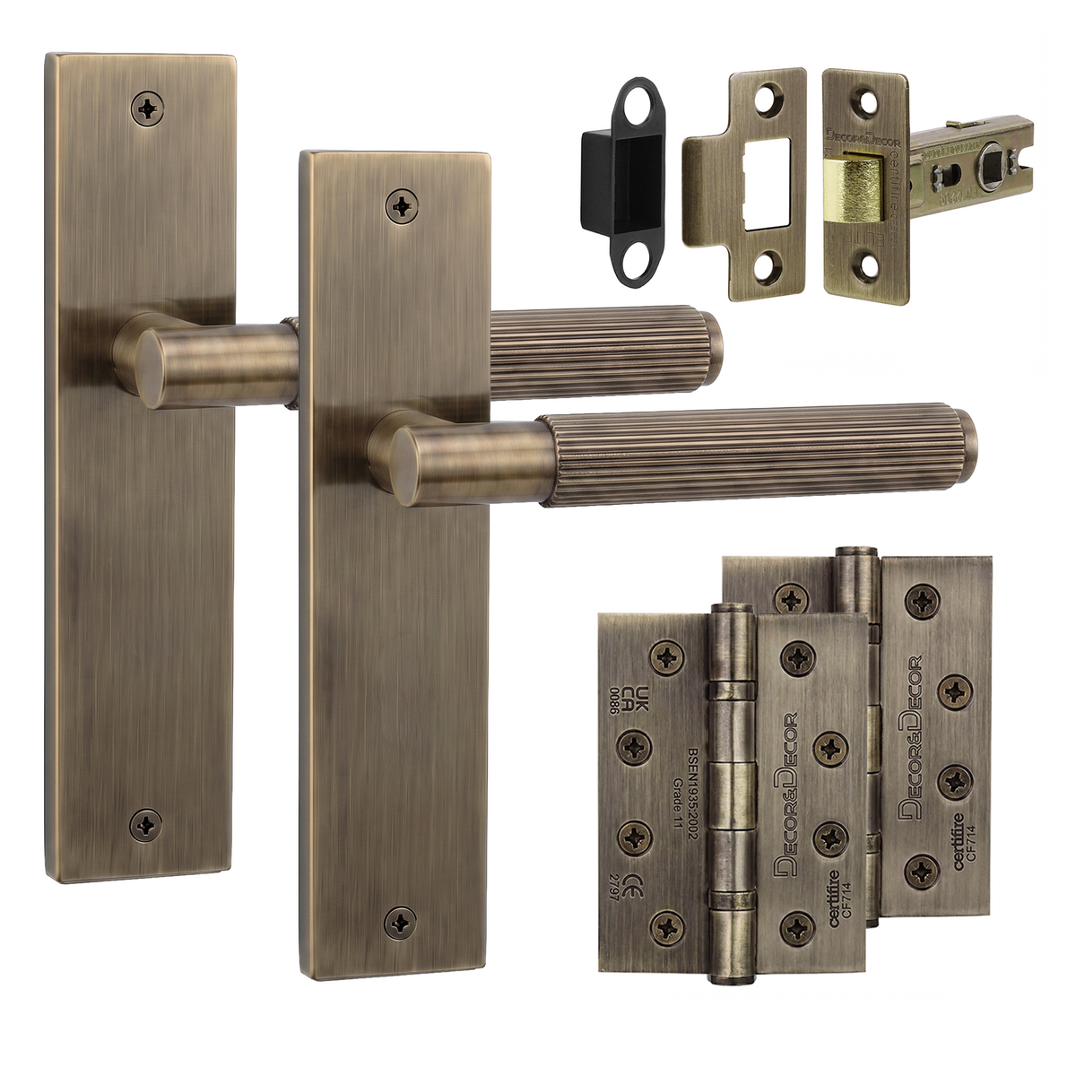 Hera Antique Brass Passage Door Lever Handles on Backplate - Hinge Kit 102mm