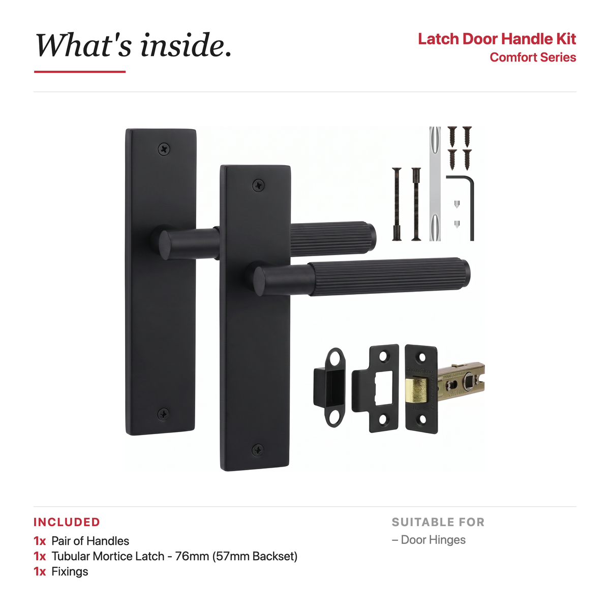 Hera Matt Black Passage Door Lever Handles on Backplate – showing what's included in the box