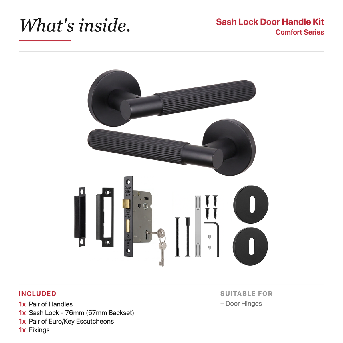 Hera Matt Black Privacy Door Lever Handles – showing what's included in the box