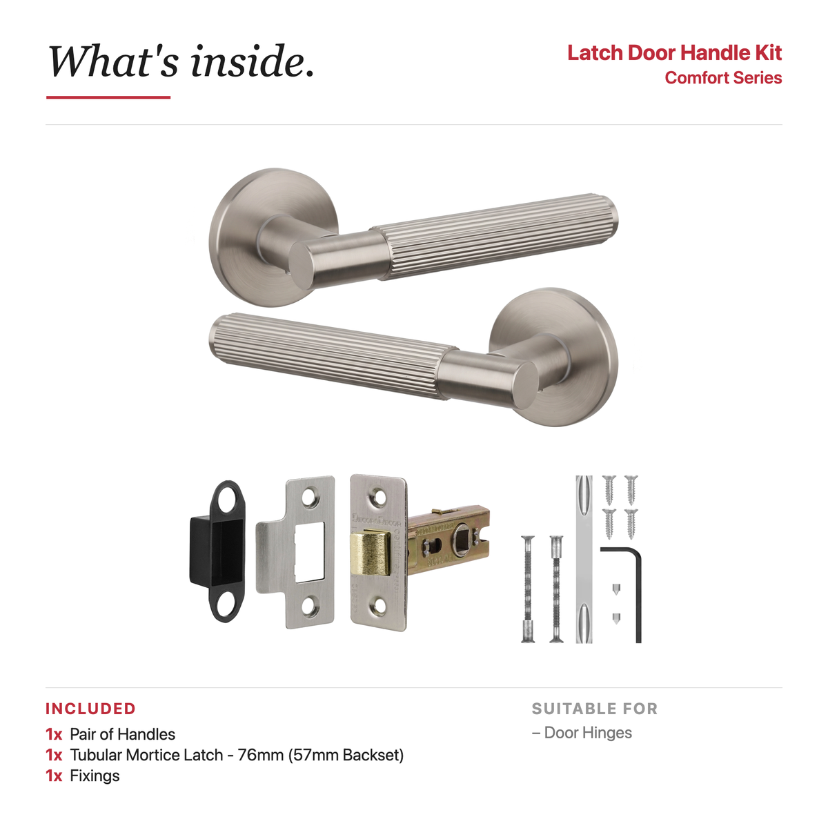 Hera Satin Nickel Passage Door Lever Handles – showing what's included in the box