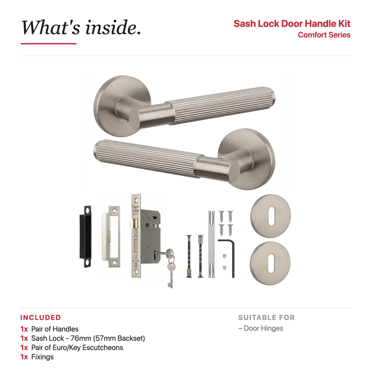 Hera Satin Nickel Privacy Door Lever Handles – showing what's included in the box