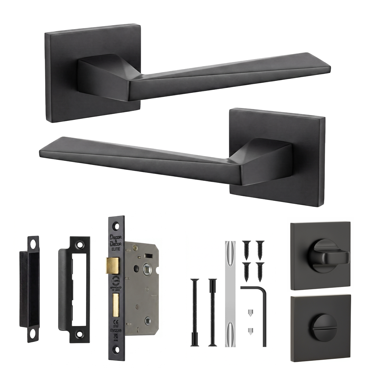 Leda Matt Black Bathroom Door Lever Handles - Bathroom Kit 76mm
