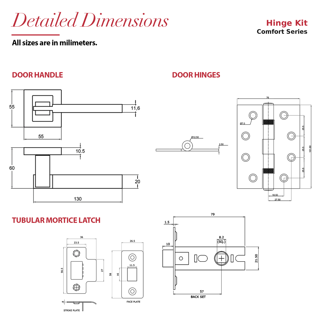 Nexus Duo Finish Passage Door Lever Handles – dimensions and measurements diagram