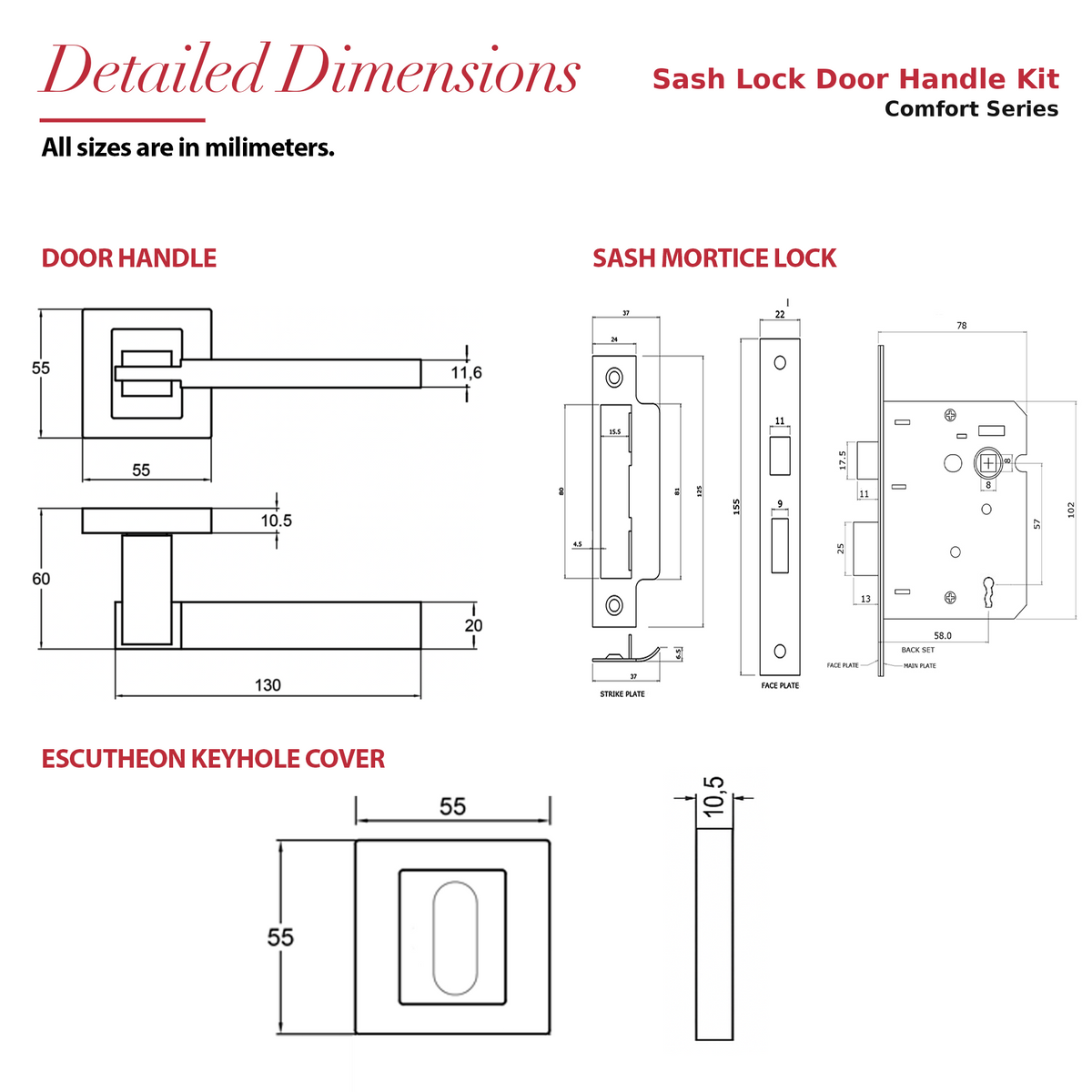 Nexus Duo Finish Privacy Door Lever Handles – dimensions and measurements diagram