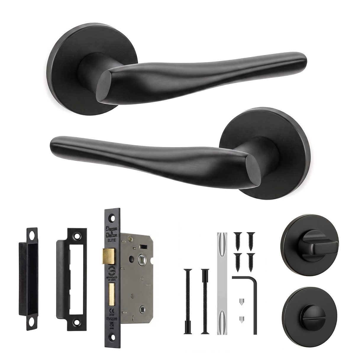 Nanda Matt Black Bathroom Door Lever Handles - Bathroom Kit 76mm