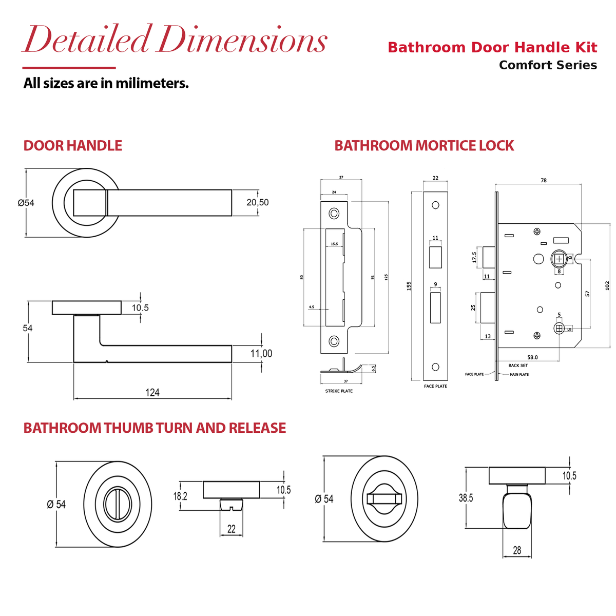 Lumina Antique Brass Bathroom Door Lever Handles – dimensions and measurements diagram
