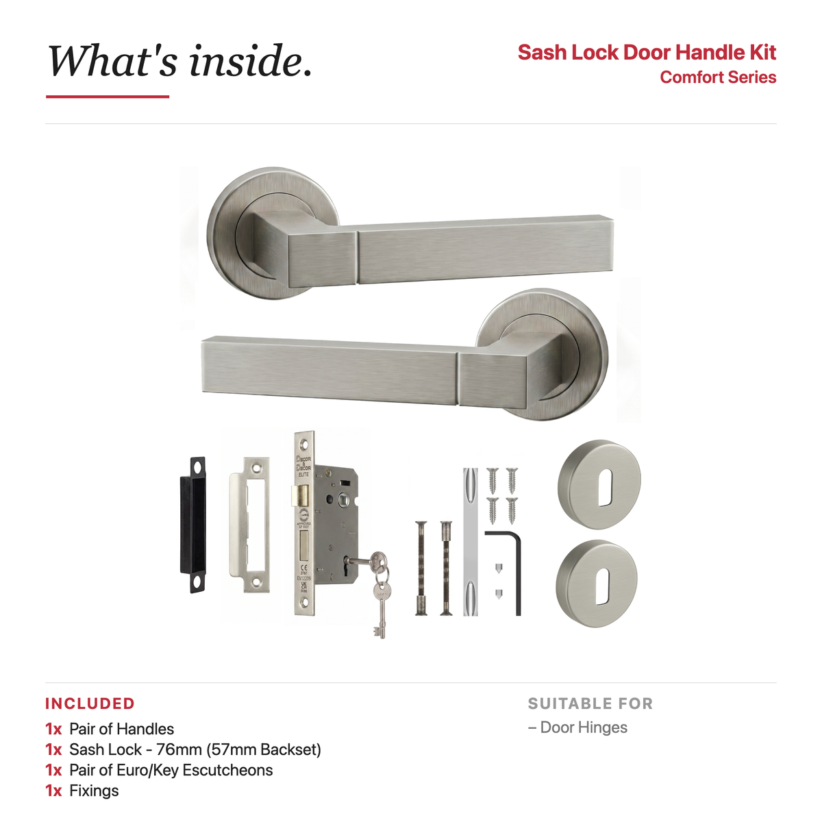 Lumina Satin Nickel Privacy Door Lever Handles – showing what's included in the box