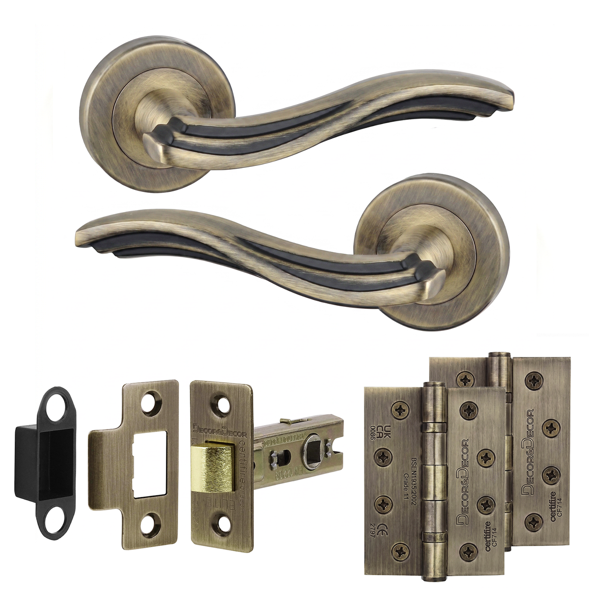Solace Antique Brass Passage Door Lever Handles - Hinge Kit 102mm