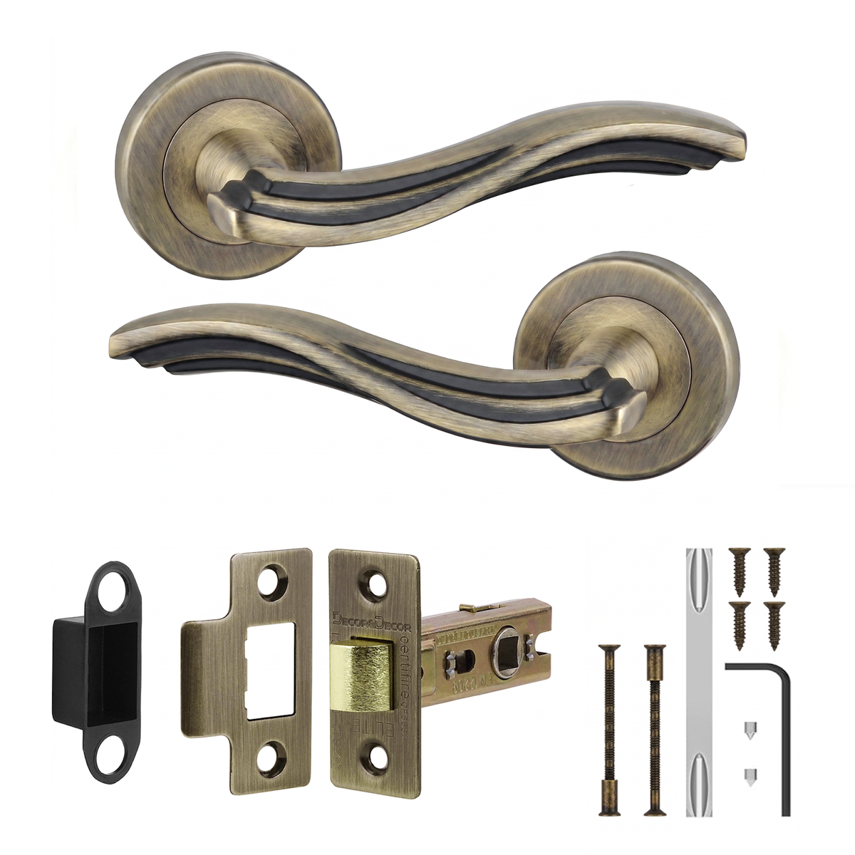 Solace Antique Brass Passage Door Lever Handles - Latch Kit 76mm
