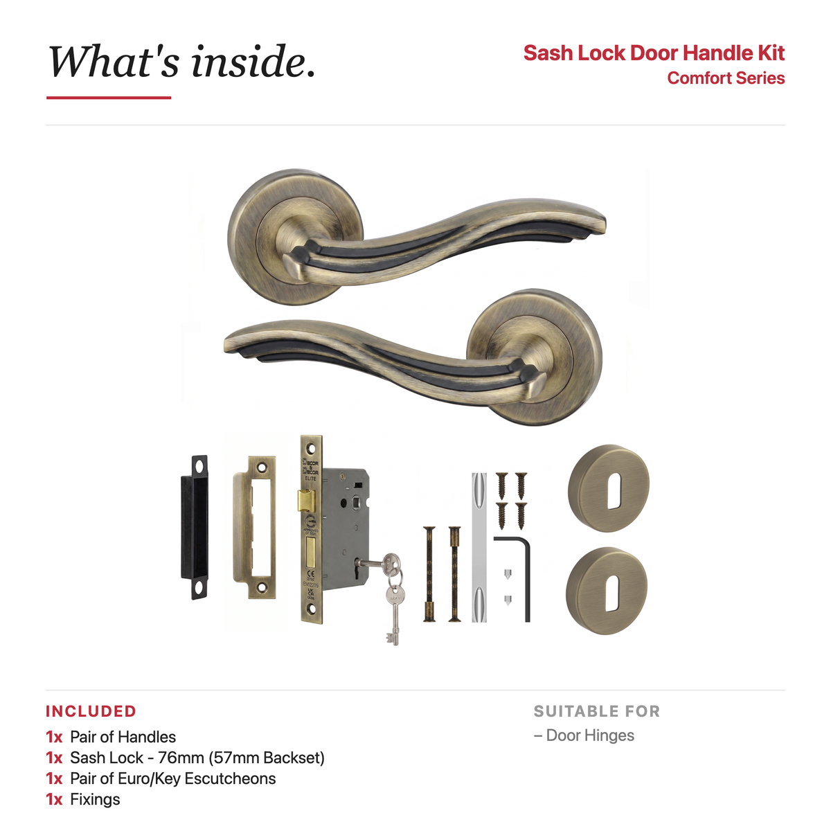 Solace Antique Brass Privacy Door Lever Handles – showing what's included in the box