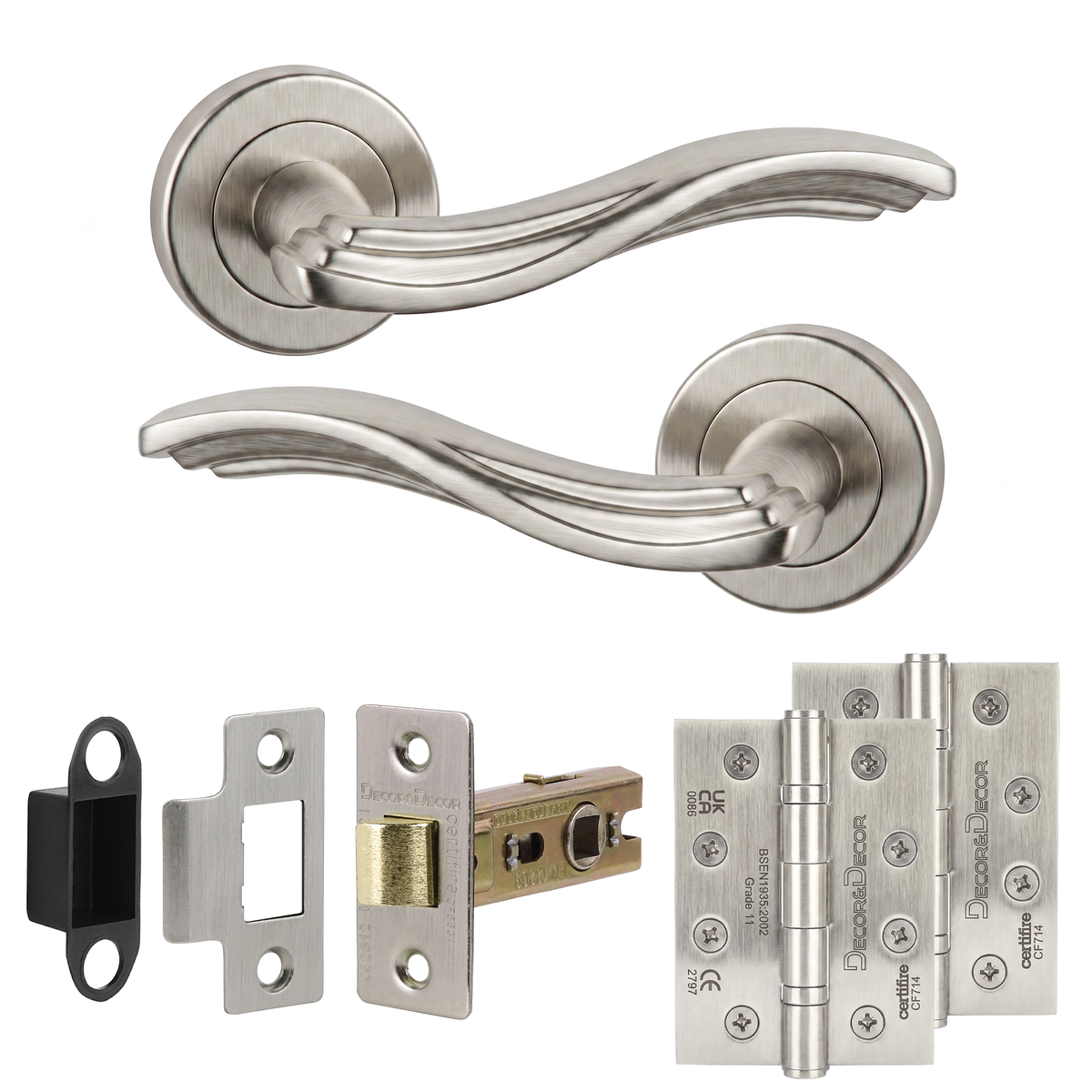 Solace Satin Nickel Passage Door Lever Handles - Hinge Kit 102mm