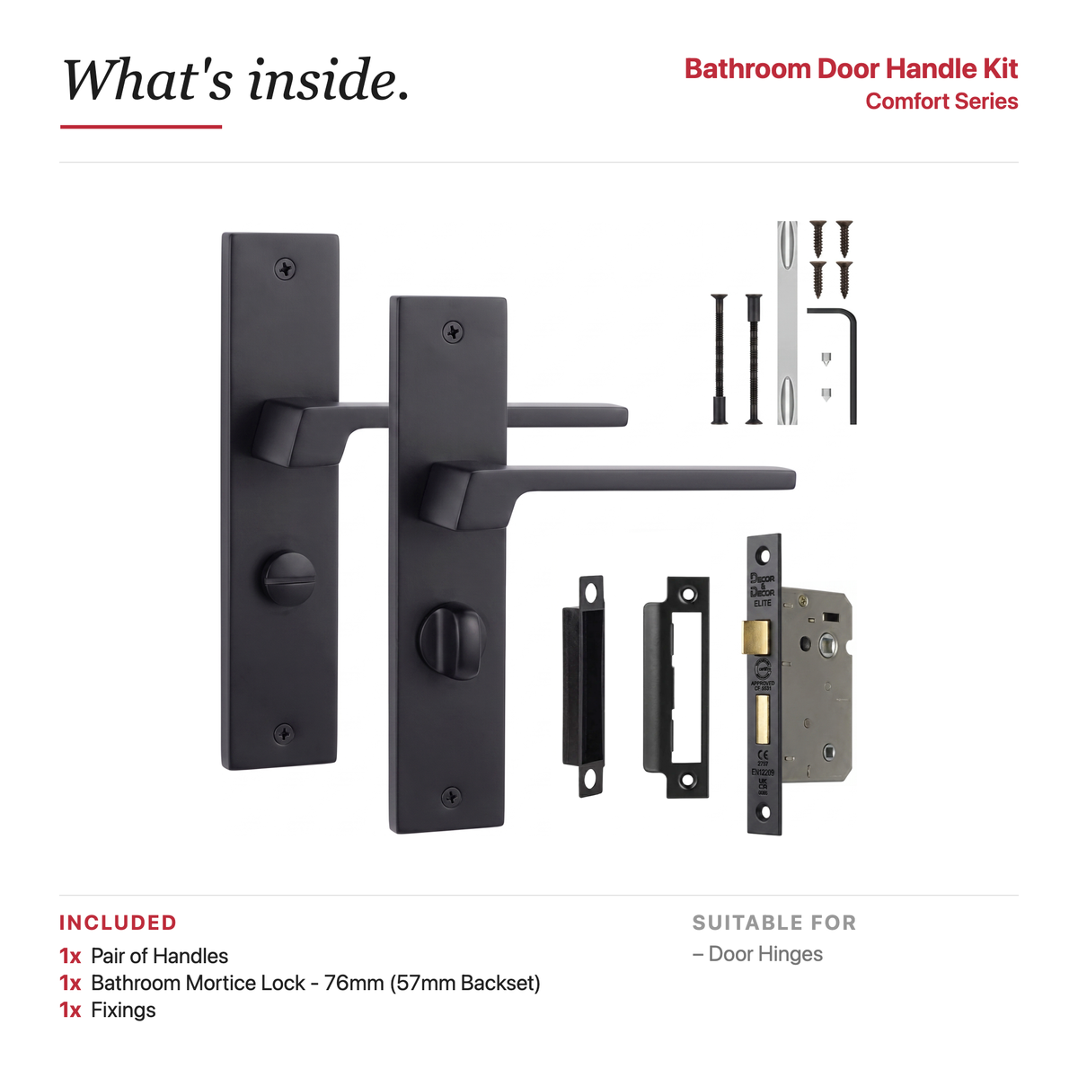 Spectra Matt Black Bathroom Door Lever Handles on Backplate – showing what's included in the box