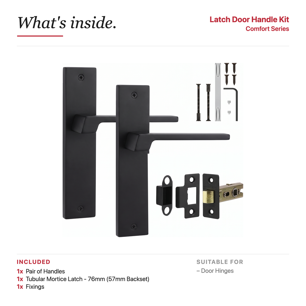 Spectra Matt Black Passage Door Lever Handles on Backplate – showing what's included in the box