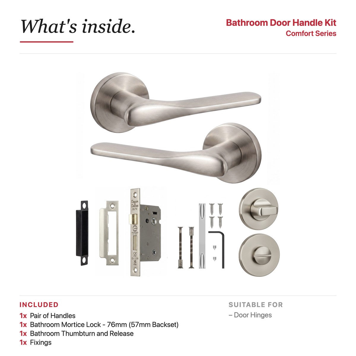 Verita Satin Nickel Bathroom Door Lever Handles – showing what's included in the box