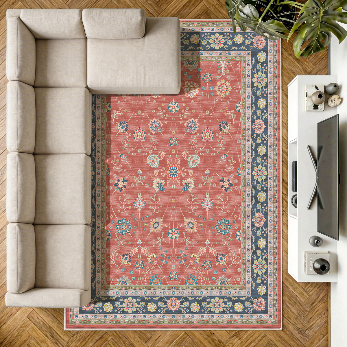 Nara - Terracotta Persian-Style Washable Extra Large Area Rug - 200x290cm