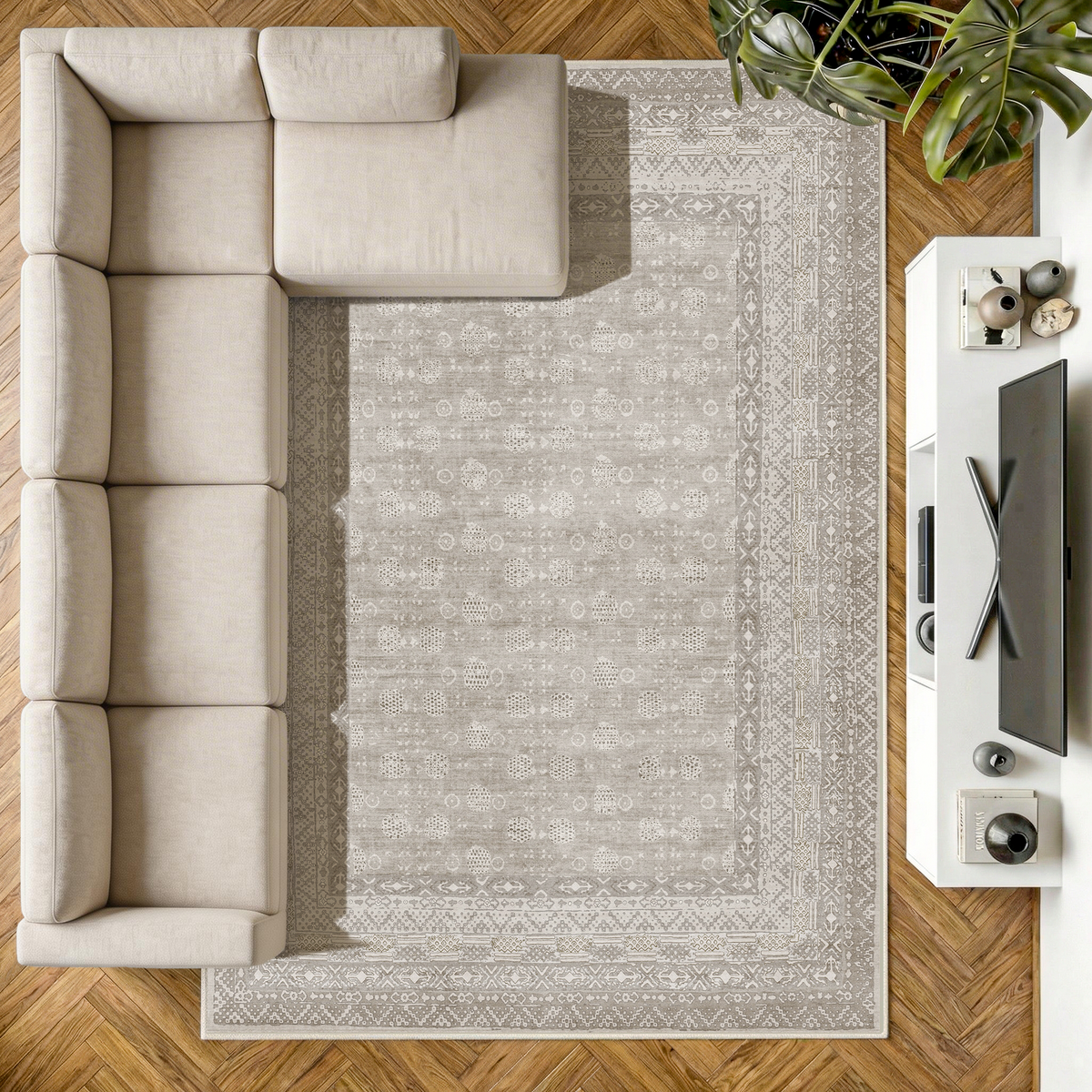 Seren - Neutral Distressed Washable Extra Large Area Rug - 200x290cm – view 2