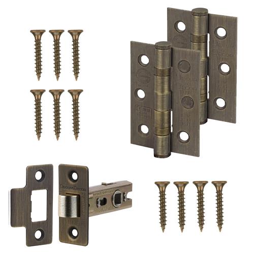 Tore Antique Brass Passage Door Handles - Latch and Hinge Set