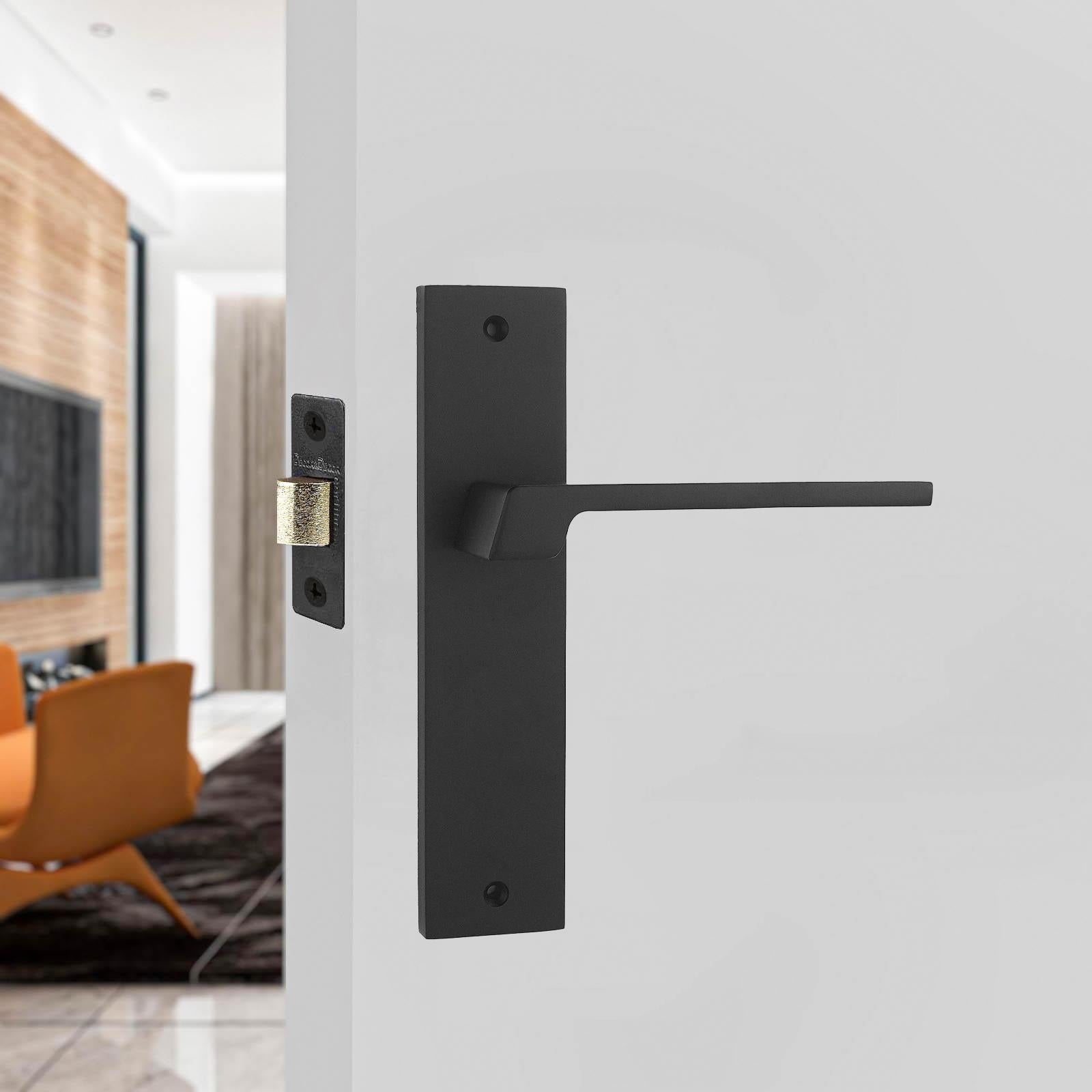 Spectra Matt Black Passage Door Handles on Backplate - Latch Kit Set