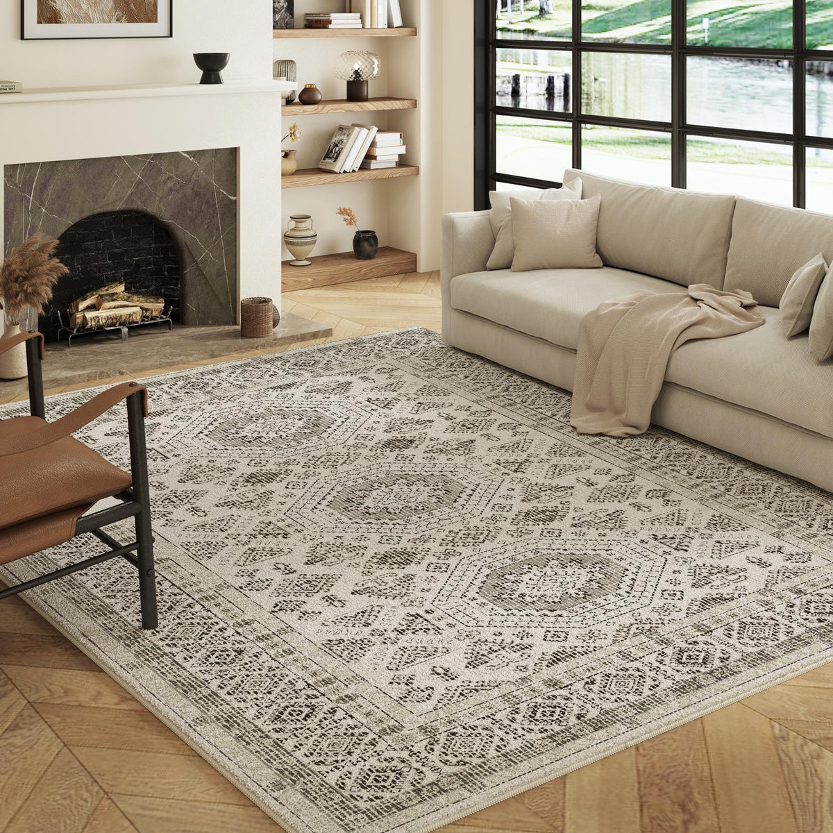 Vassia - Monochrome Washable Large Living Room Rug - 160x230cm